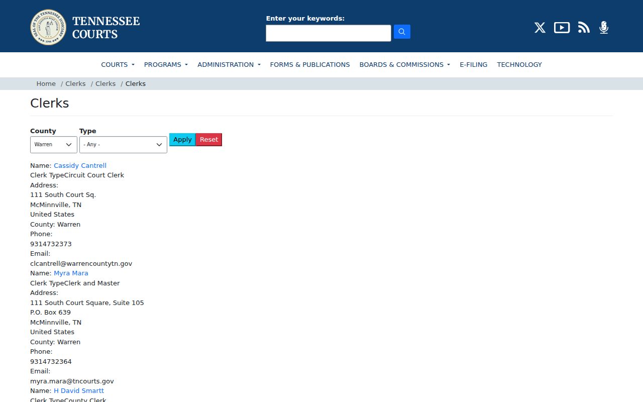 Warren County criminal records court clerks directory