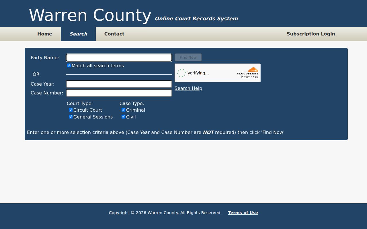 Warren County criminal court case search interface