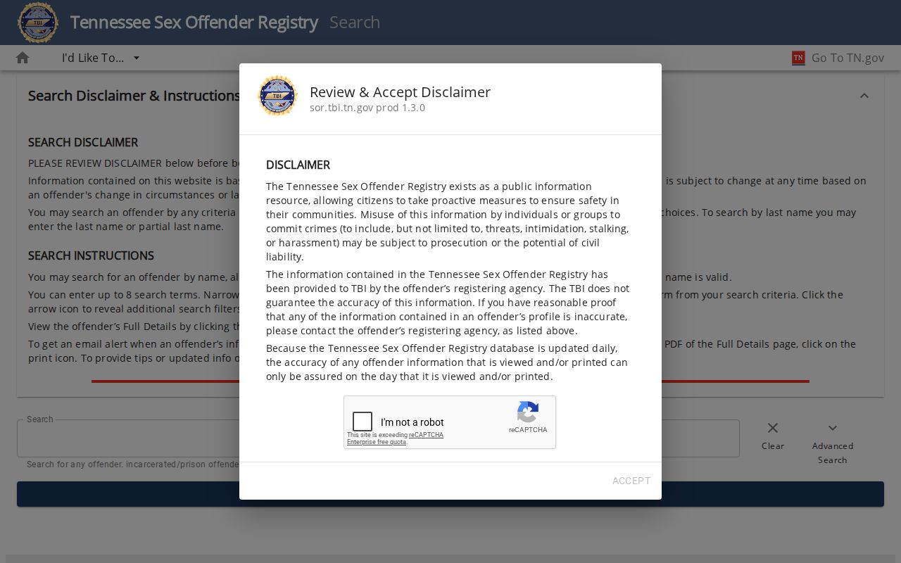 Warren County sex offender check on the TBI registry search screen